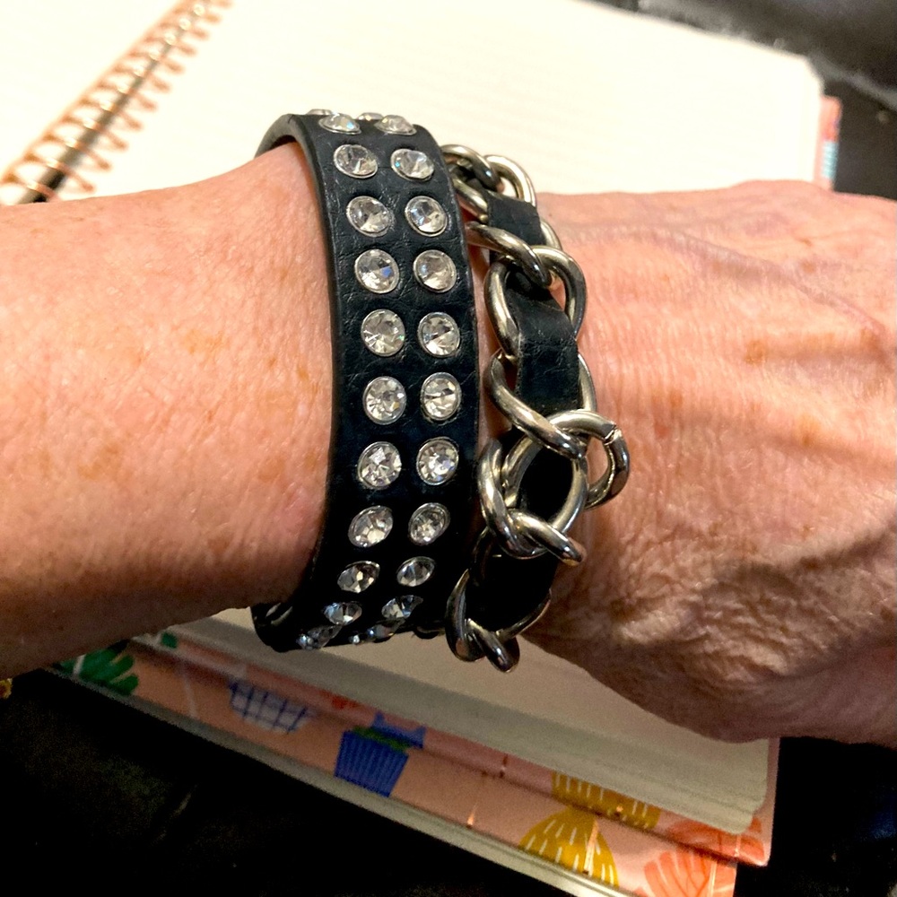 Leather rhinestone and chain bracelet
